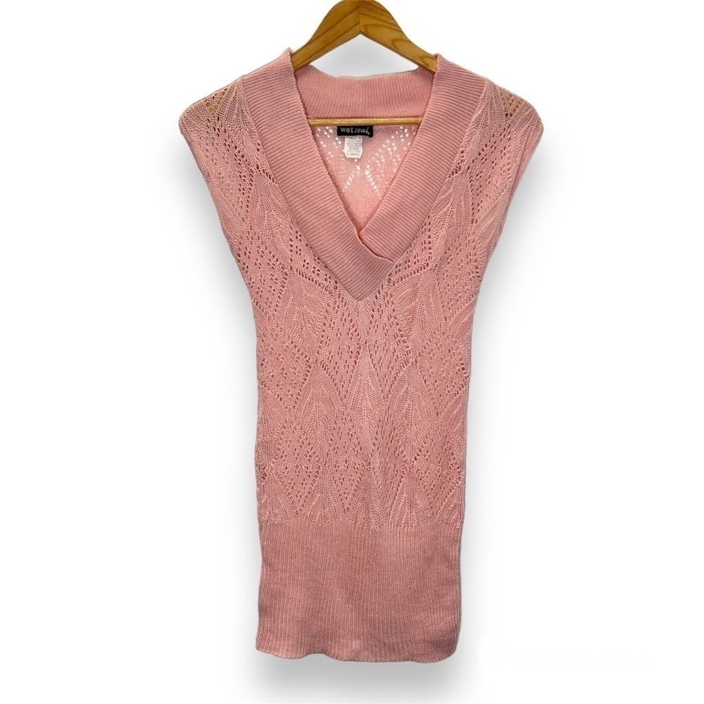 Wet Seal Pink Open Weave‎ Sleeveless V-Neck Tunic Sweater XS Y2K
